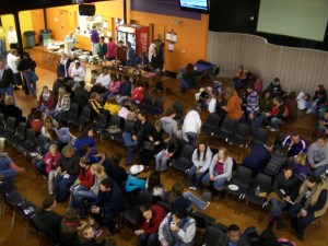 People waiting to go through JH.